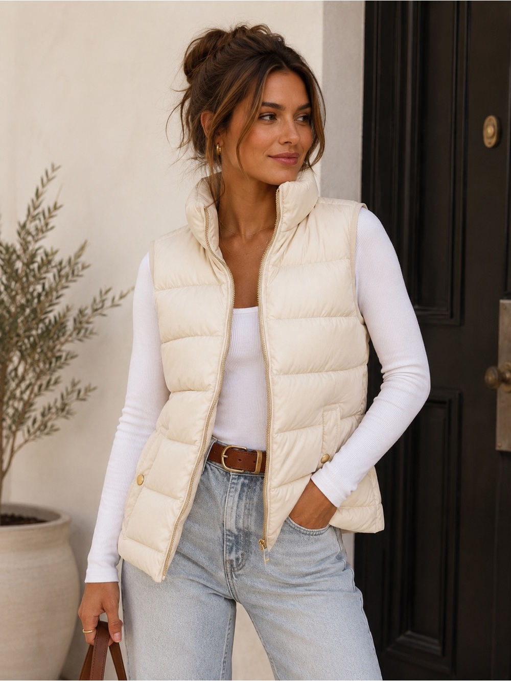 J.Crew Ivory Cream Quilted Puffer Vest Gold Hardware XS